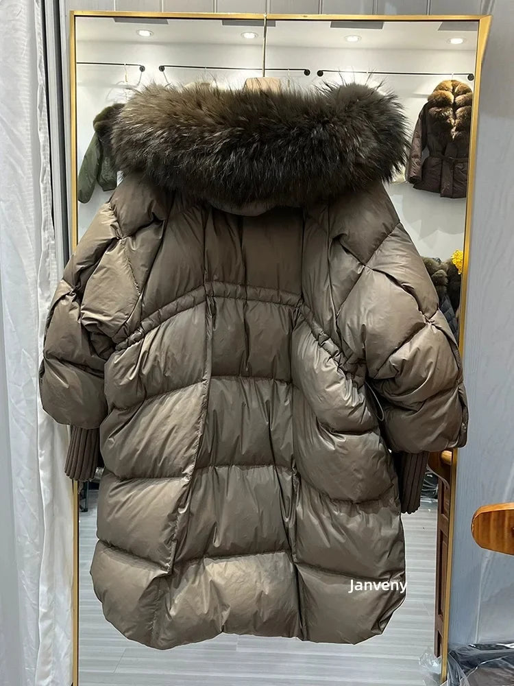 Damen Pufferjacke mit großer Kapuze und Pelzbesatz, Langarm, Khaki