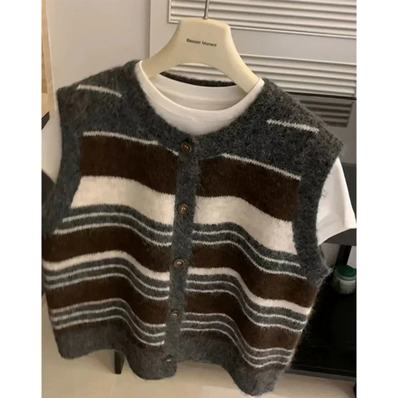 Damen Weste gestrickt gestreift mit Knöpfen Ärmellos Mehrfarbig