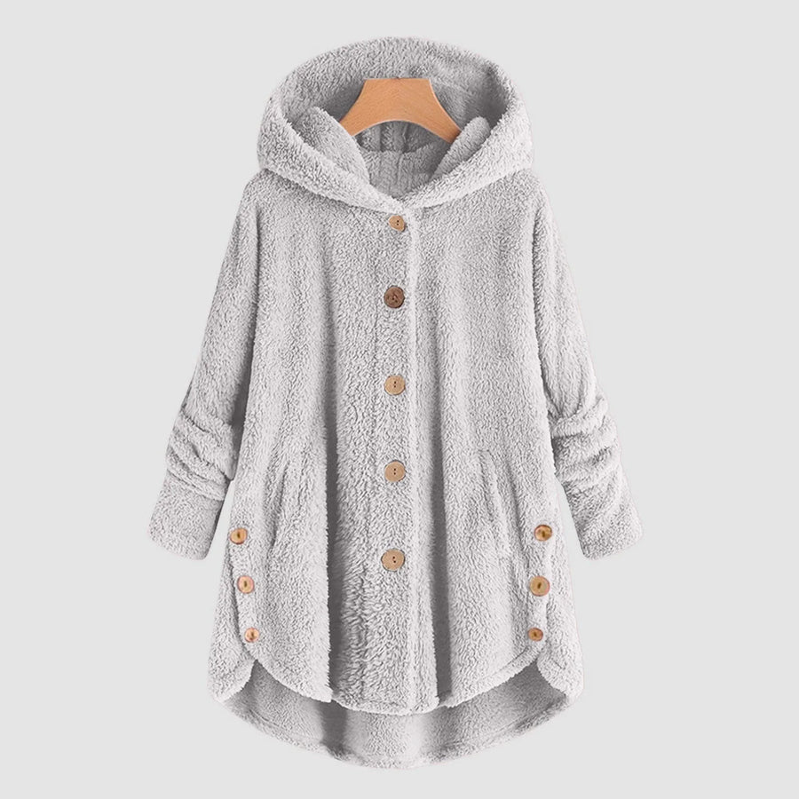 Damen Teddy-Fleece Jacke mit Kapuze und Knöpfen