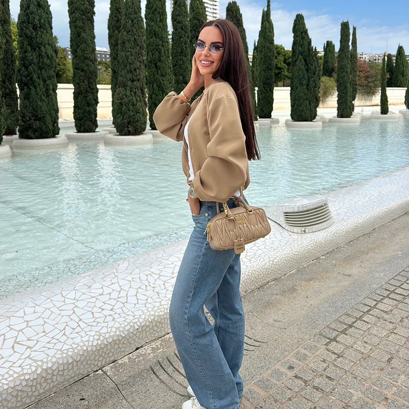 Damen Kurzjacke mit Reißverschluss & Kragen, weite Ärmel, Beige