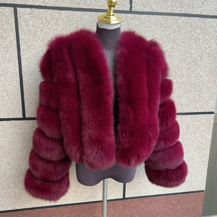 Kurze Damen Kunstpelzjacke mit langen Ärmeln und V-Ausschnitt, mehrfarbig