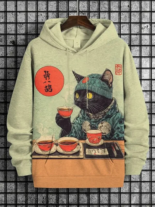 Unisexhoodie met kattenprint en kangoeroezak