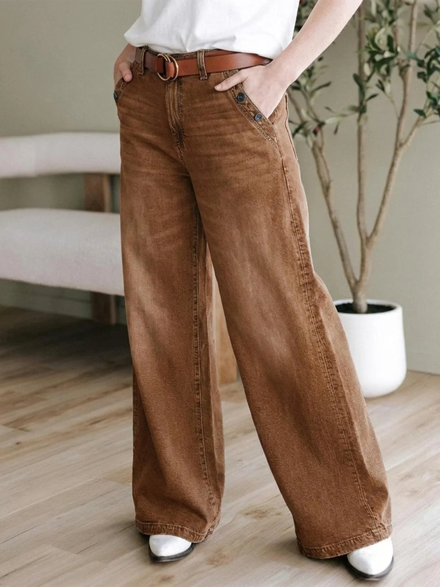 Bruine wide-legbroek voor dames met hoge taille en knoopdetails
