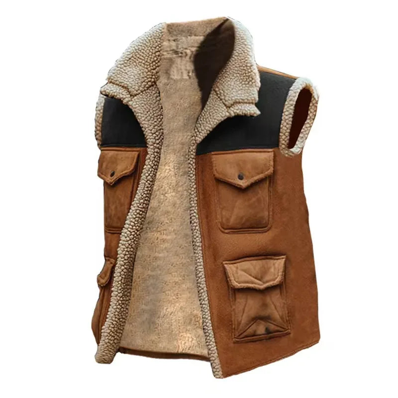 Herren Weste Braun im Wildleder-Look mit Taschen Reißverschluss