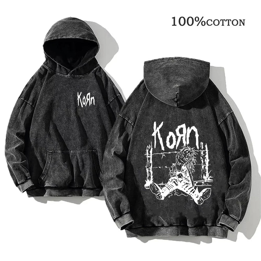 Korn Band Hoodie Unisex Washed Schwarz Kapuzenpullover Oversize
