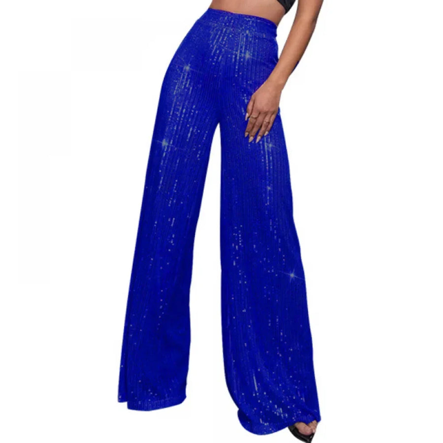 Damen Pailletten Schlaghose Hoher Bund Weites Bein Glitzernde Partyhose
