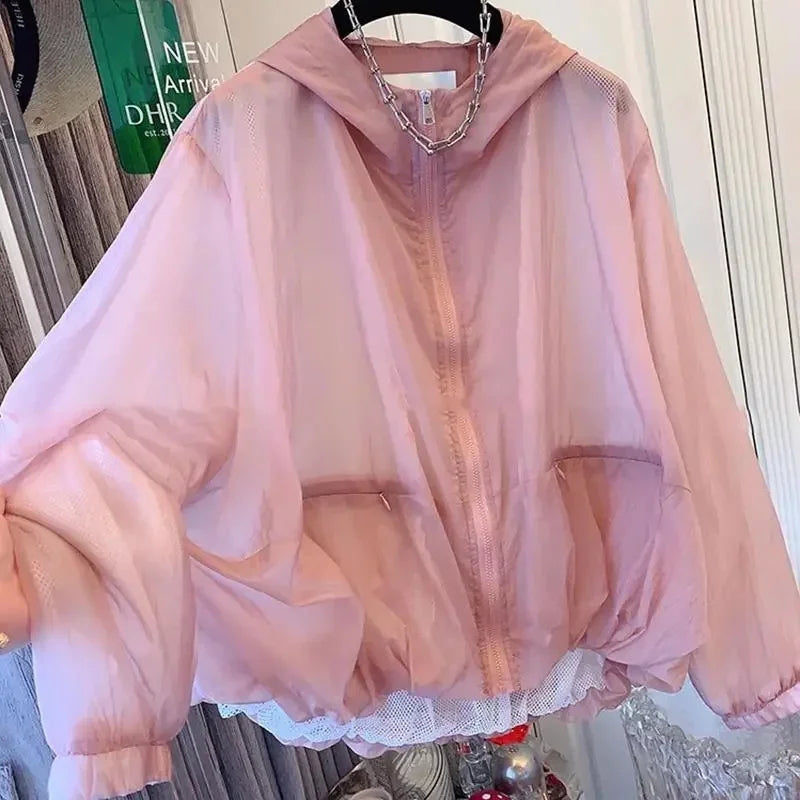 Leichte Kapuzenjacke Netzfutter Pink Transparent Reißverschluss