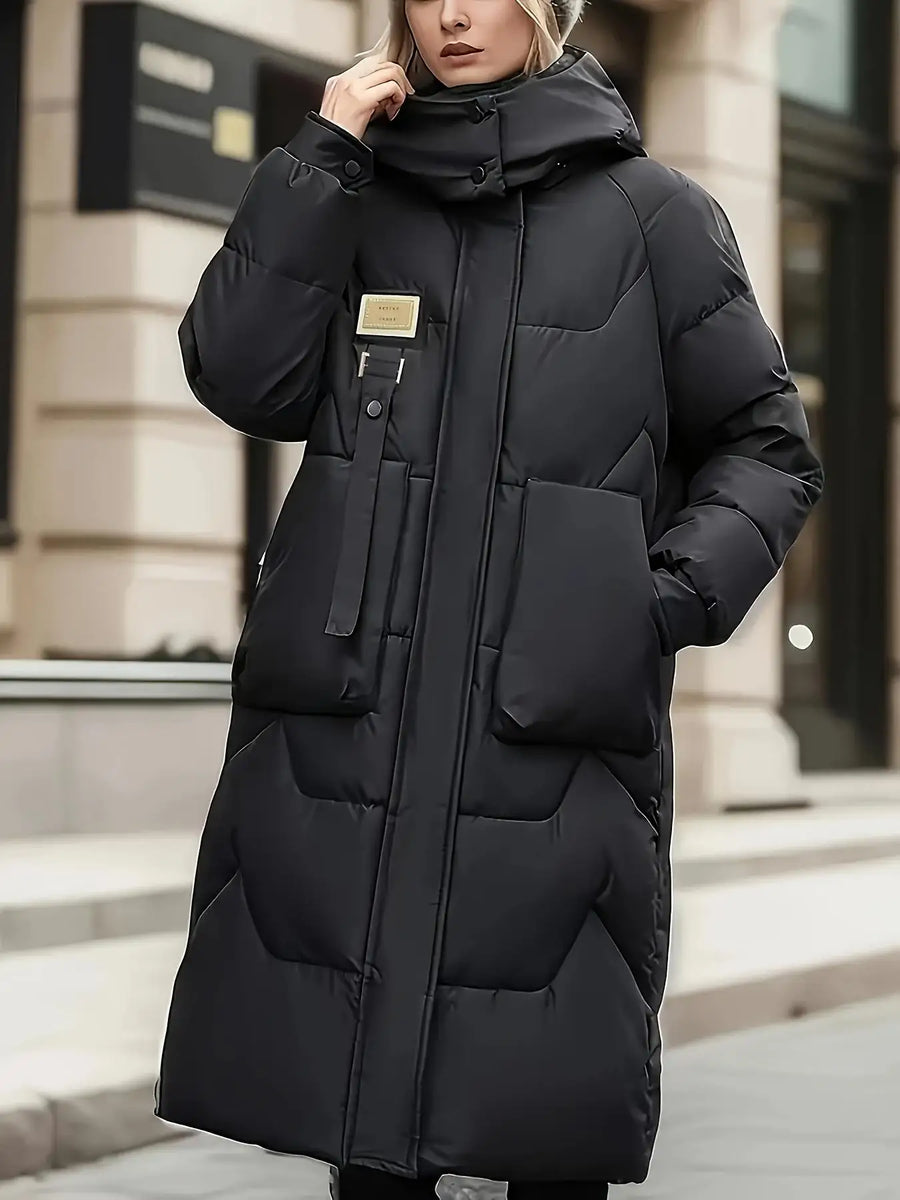 Damen Langer Steppmantel mit Kapuze – Warm & Winddicht Schwarz