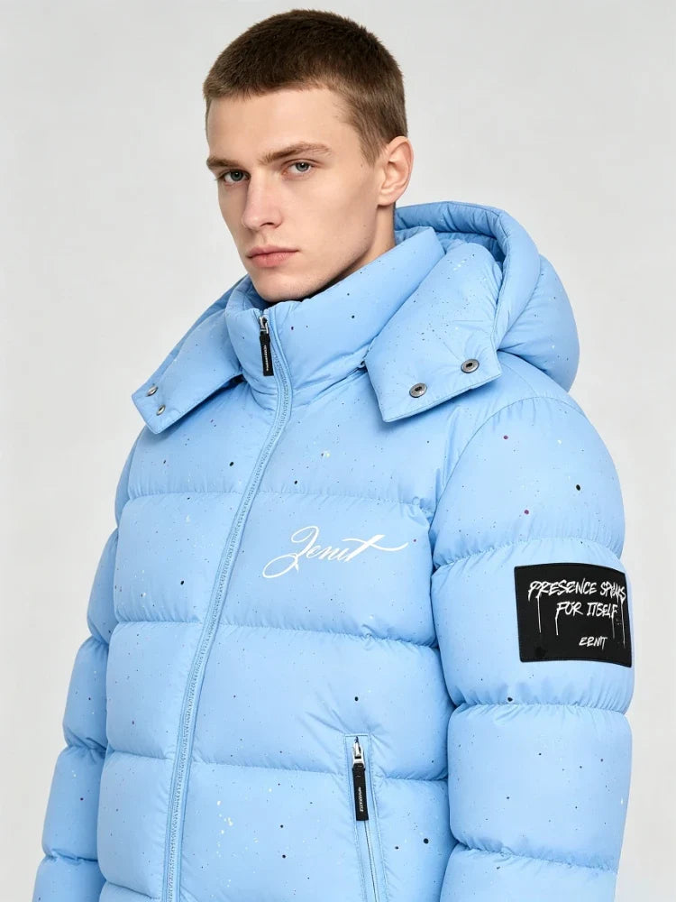 Gesteppte Winterjacke mit Kapuze für Herren, Hellblau mit Farbspritzern