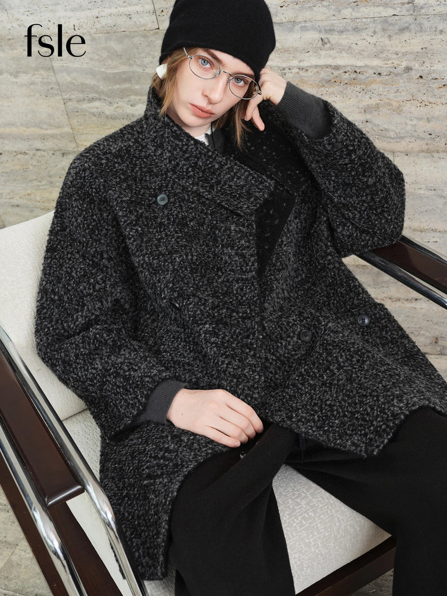 Damen Kurzmantel Mélange Oversize Zweireiher Dunkelgrau