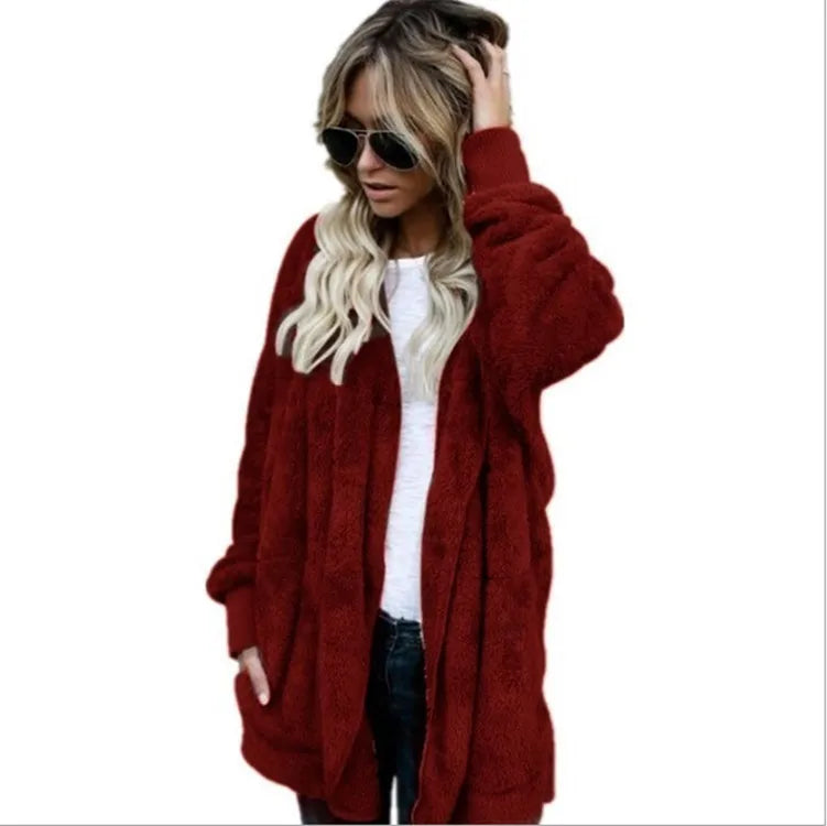 Damen Flauschige Strickjacke mit Kapuze und langen Ärmeln - Beigebraun