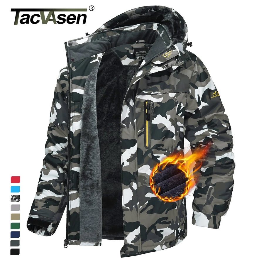 Herren Winterjacke mit Kapuze und Plüschfutter - Warme Outdoor-Jacke in Camouflage-Muster
