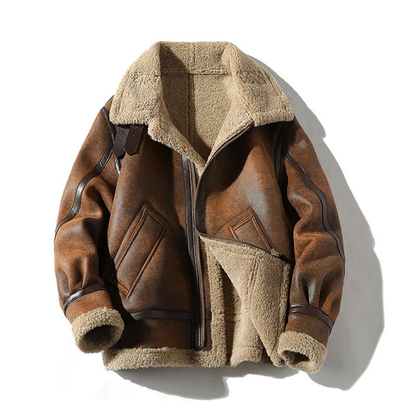 Herren Pilotenjacke Braun mit Teddyfutter Reißverschluss Warm