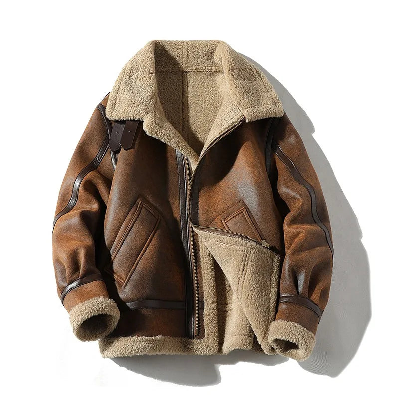Herren Pilotenjacke Braun mit Teddyfutter Reißverschluss Warm