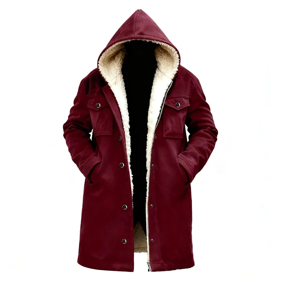 Herren Winterparka mit Kapuze und Teddyfutter, lange Übergangsjacke mit Knopfleiste