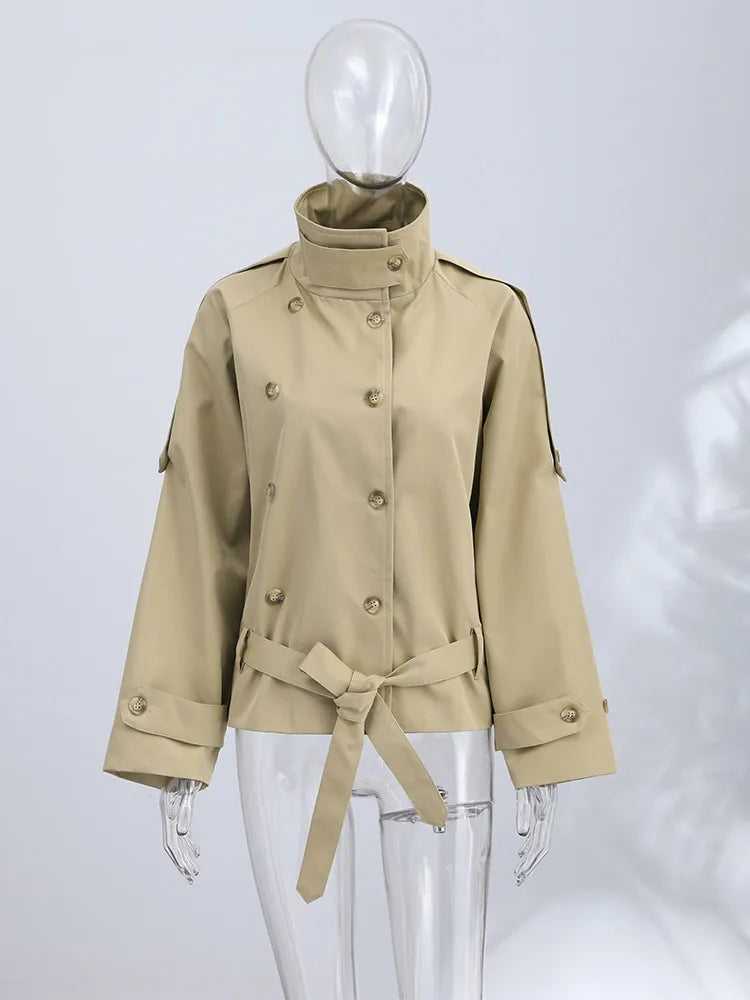 Kurze Damen Jacke Trench-Stil Beige mit Stehkragen und Gürtel Zweireihig