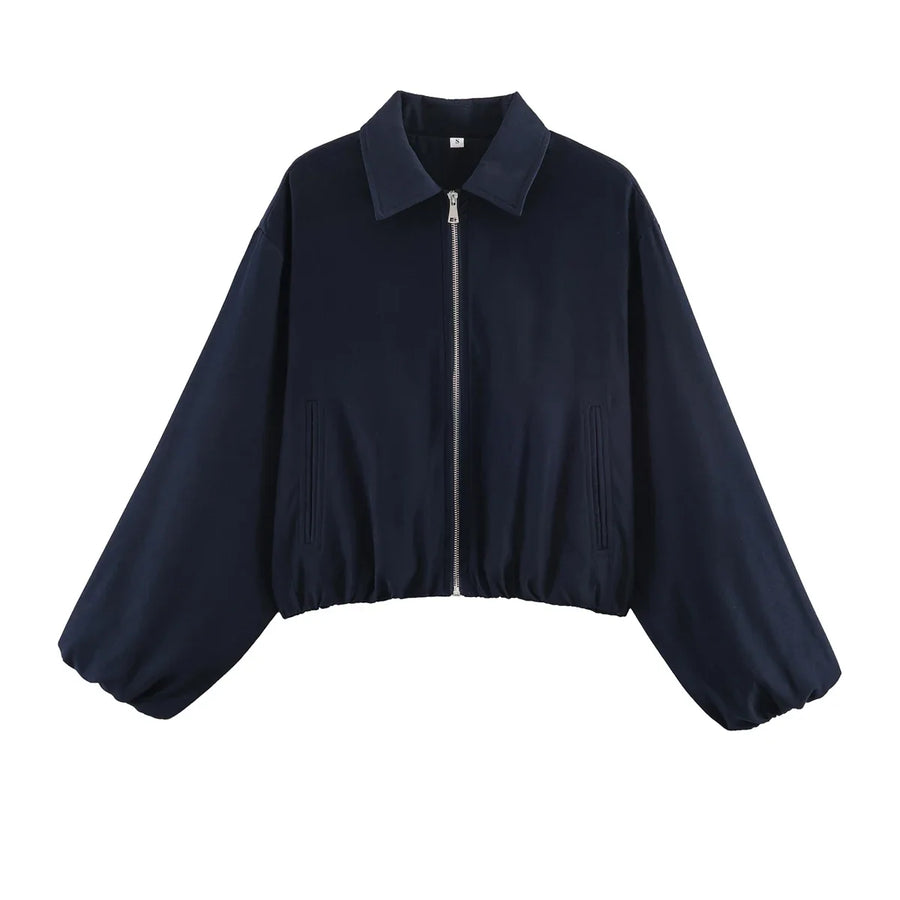 Damen Kurzjacke mit Reißverschluss, Kragen und Gummizugsaum