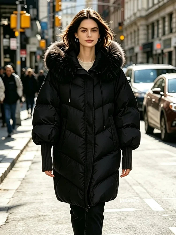 Damen Pufferjacke mit großer Kapuze und Pelzbesatz, Langarm, Khaki