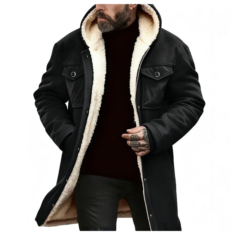 Herren Winterparka mit Kapuze und Teddyfutter, lange Übergangsjacke mit Knopfleiste