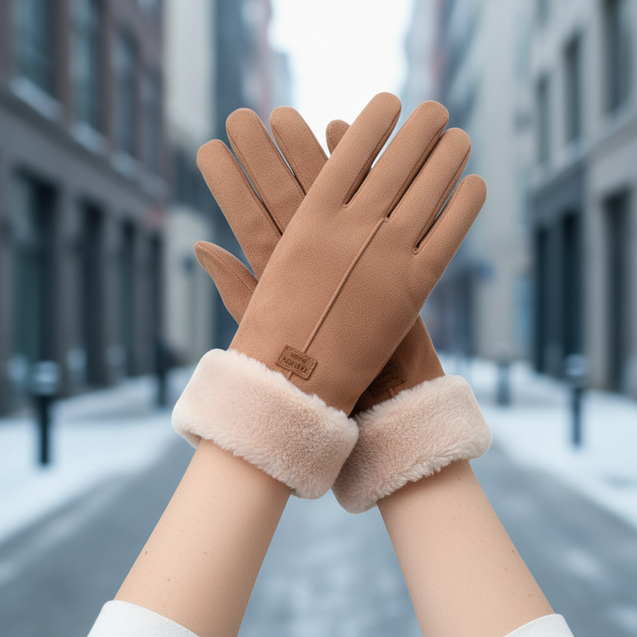 Damen Winterhandschuhe mit Plüschbesatz - Warme Fleece-Handschuhe
