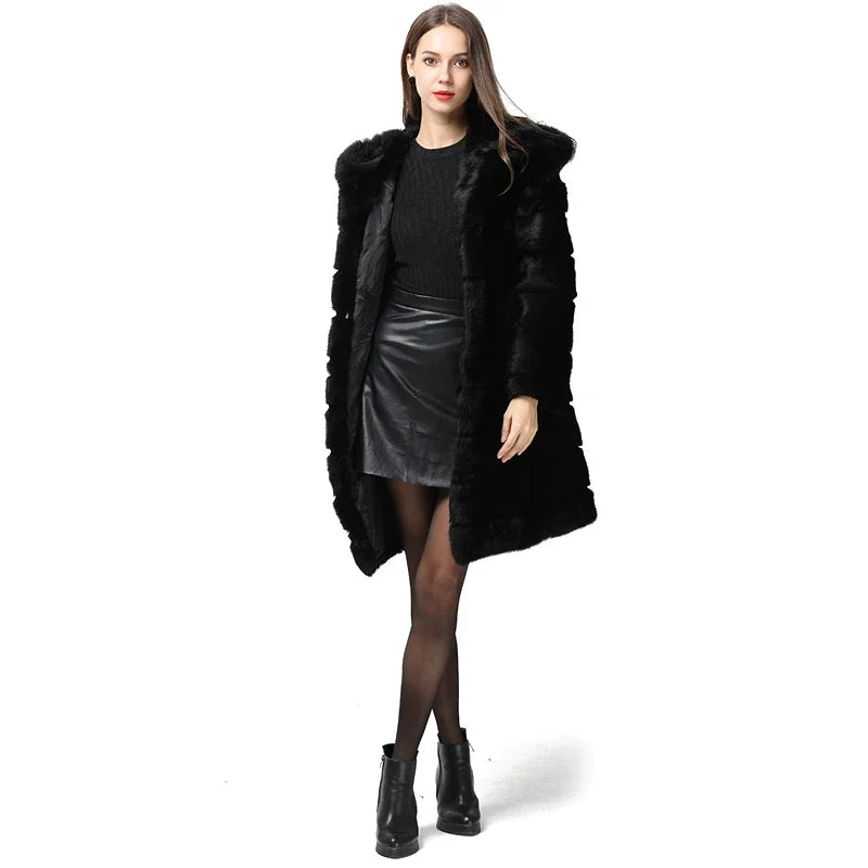 Damen Mantel Schwarz Lang Kapuze Flauschig Winterjacke