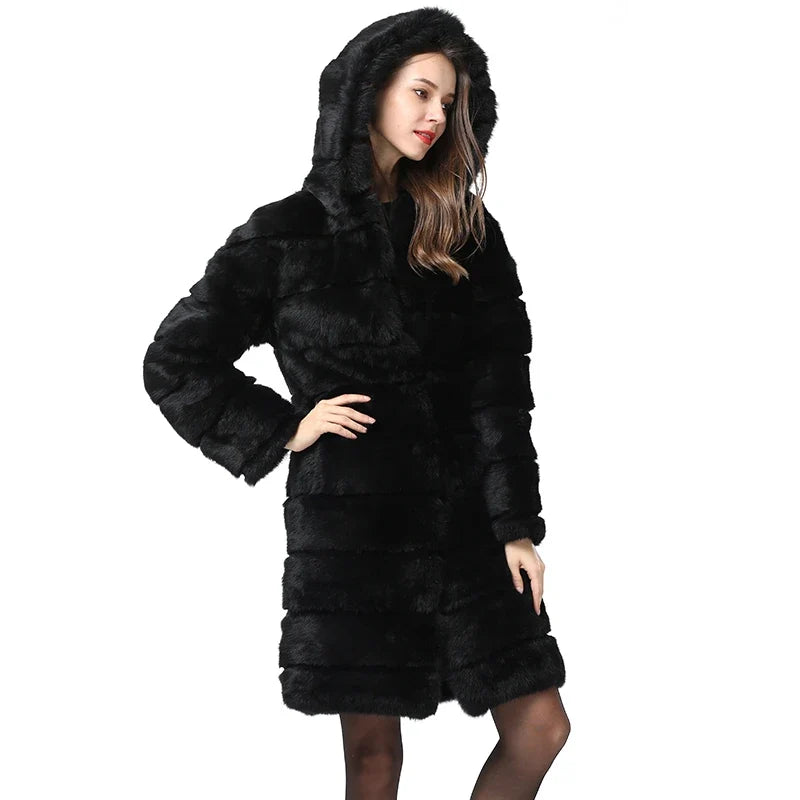 Damen Mantel Schwarz Lang Kapuze Flauschig Winterjacke
