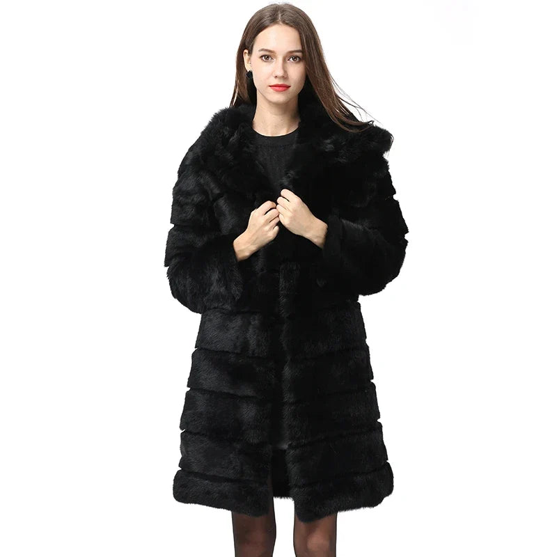 Damen Mantel Schwarz Lang Kapuze Flauschig Winterjacke