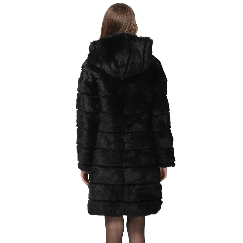 Damen Mantel Schwarz Lang Kapuze Flauschig Winterjacke