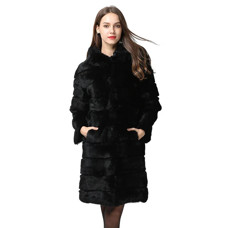 Damen Mantel Schwarz Lang Kapuze Flauschig Winterjacke