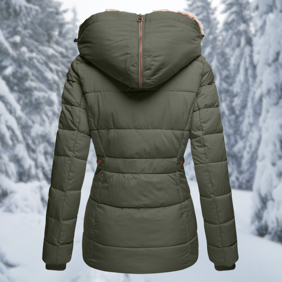 Damen Steppjacke mit Kapuze und Fellimitat-Futter in Grün