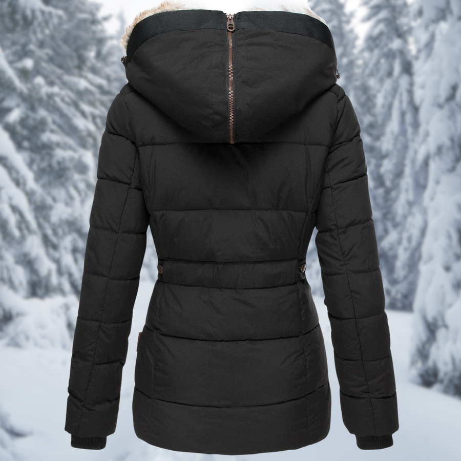 Damen Steppjacke mit Kapuze und Fellimitat-Futter in Grün