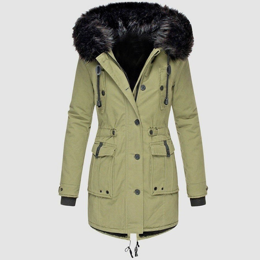 Dameswinterparka met capuchon en imitatiebontafwerking, warme jas met zakken