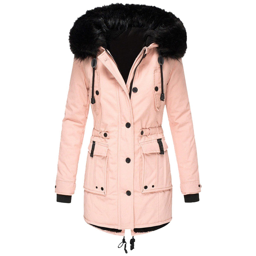 Dameswinterparka met capuchon en imitatiebontafwerking, warme jas met zakken