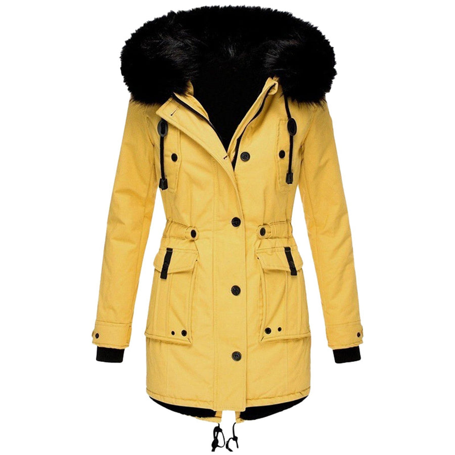 Dameswinterparka met capuchon en imitatiebontafwerking, warme jas met zakken