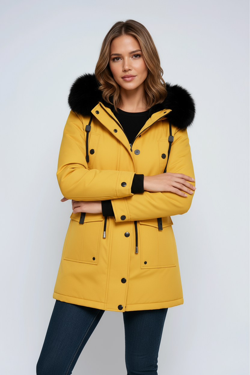 Damen Winterparka mit Kapuze und schwarzem Kunstfellkragen
