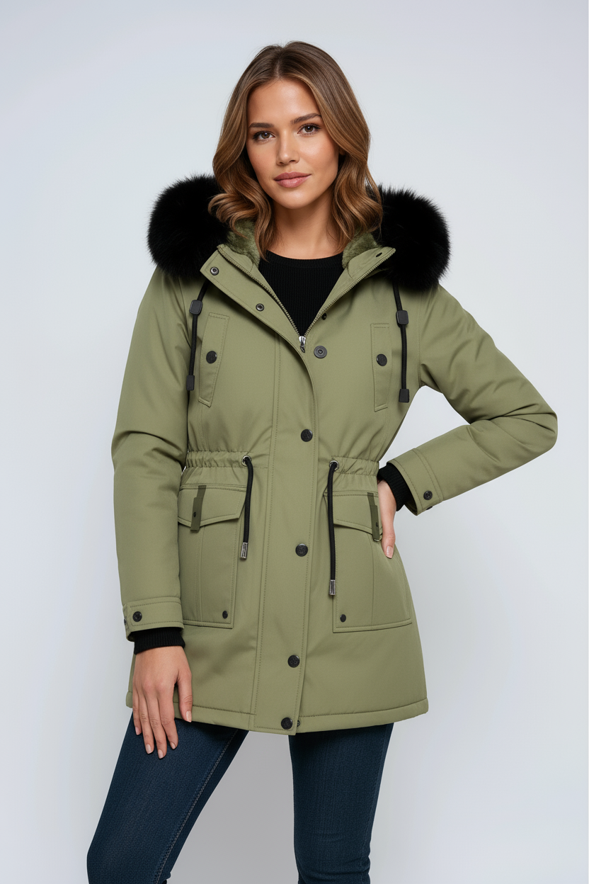 Damen Winterparka mit Kapuze und schwarzem Kunstfellkragen