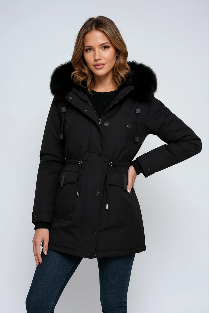 Damen Winterparka mit Kapuze und schwarzem Kunstfellkragen
