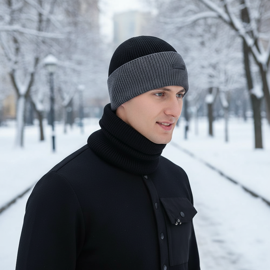 Unisex Beanie Mütze mit Umschlag und passendem Halswärmer Set, Gerippt