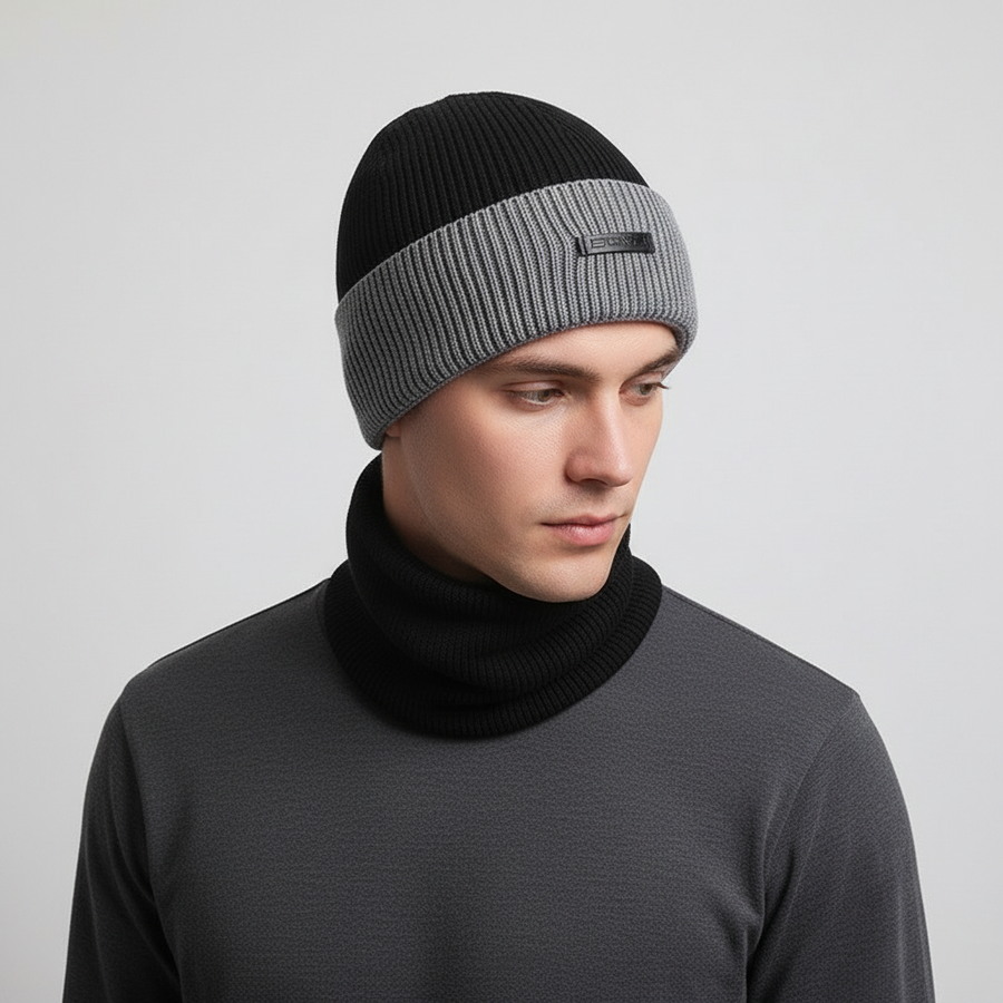 Unisex Beanie Mütze mit Umschlag und passendem Halswärmer Set, Gerippt
