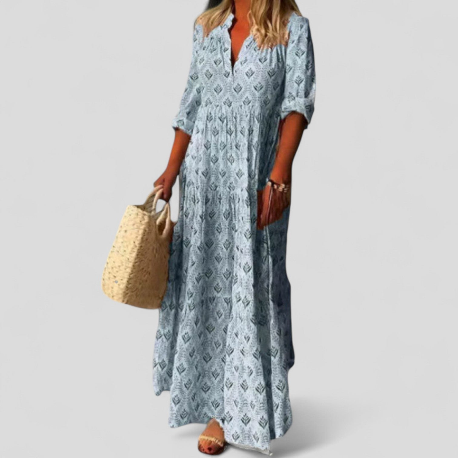 Damen Maxikleid mit V-Ausschnitt, 3/4 Ärmeln und grafischem Muster