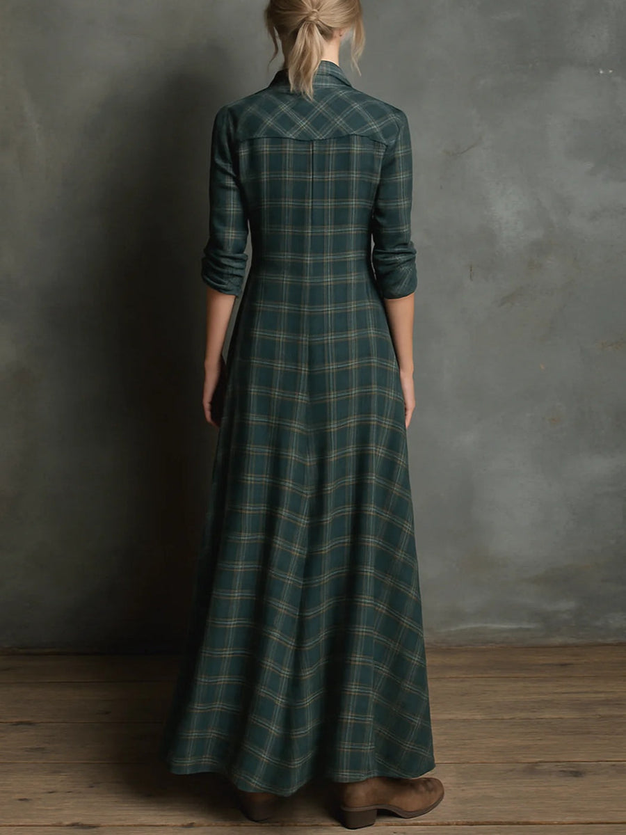 Damen Kariertes Maxikleid mit Knopfleiste & Taschen, Grünes Langarm Blusenkleid