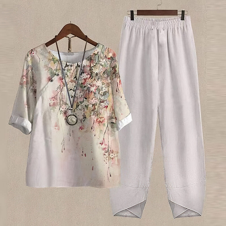 Damen 2-teiliges Set Bluse mit Print & weite Hosen