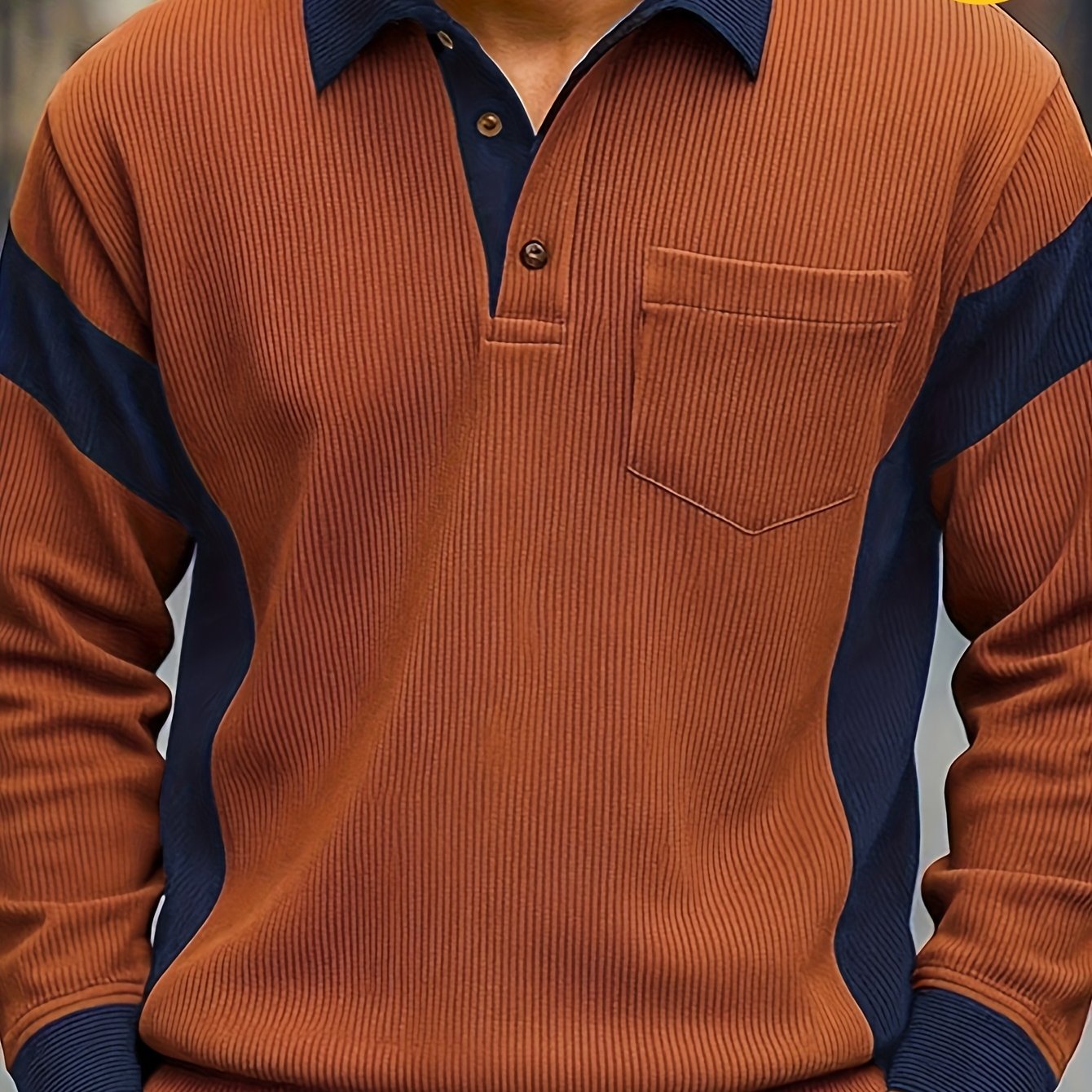 Herren Poloshirt Langarm Gerippt Rostbraun Marineblau Colorblock Freizeithemd mit Knopfleiste & Brusttasche