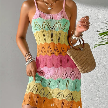 Damen Boho Strick Minikleid mit Chevron-Muster und Spaghettiträgern – Perfekt für Urlaub und Freizeit