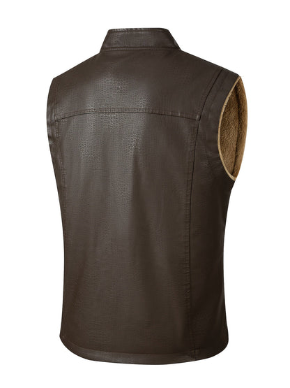 Herren Weste im Lederlook mit Teddyfutter und Reißverschluss, Multi-Taschen Design
