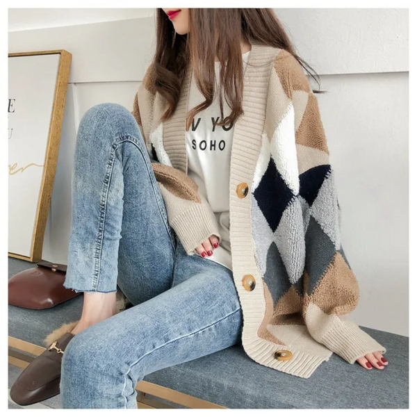 Damen Strick Cardigan Diamantmuster Beige Khaki Winter Jacke