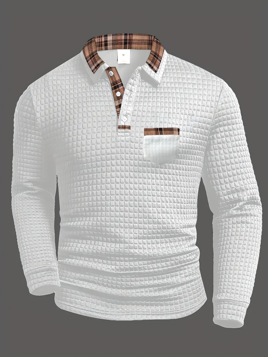 Herren Langarm-Poloshirt Waffelstruktur mit kariertem Kragen und Taschendetail