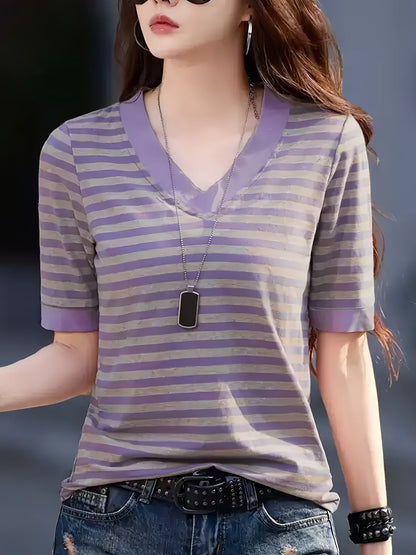Damen Streifen T-Shirt mit V-Ausschnitt und Kurzarm – Casual Style für Alltag und Freizeit