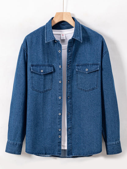 Herren Jeanshemd Langarm mit Brusttasche und Knopfleiste