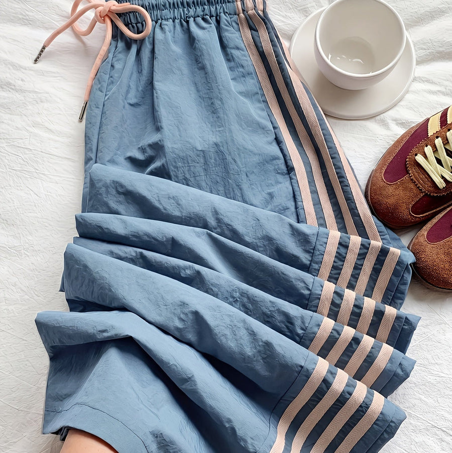 Damen Weitbeinige Sporthose mit Streifen und Kordelzug – Lässige Freizeithose für Alltag & Fitness